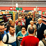 **

Prompt: "Big 'Wyprzedaż!' sign, red color, crowded supermarket aisle, people reaching for discounted items, feeling of urgency, Polish złoty prices, focus on the emotion of finding a bargain."

**
