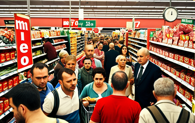 **
Prompt: "Big 'Wyprzedaż!' sign, red color, crowded supermarket aisle, people reaching for discounted items, feeling of urgency, Polish złoty prices, focus on the emotion of finding a bargain."
**